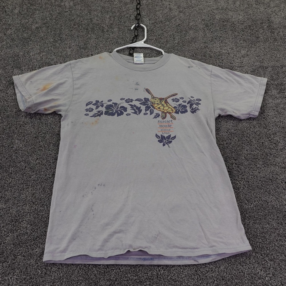 Gildan T Shirt Mens Medium Gray Blue Sunset House Sea Turtle Hibiscus Graphic